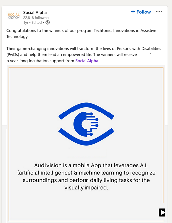Social Alpha Techtonic Assistive Tech Award 2022 winner badge.