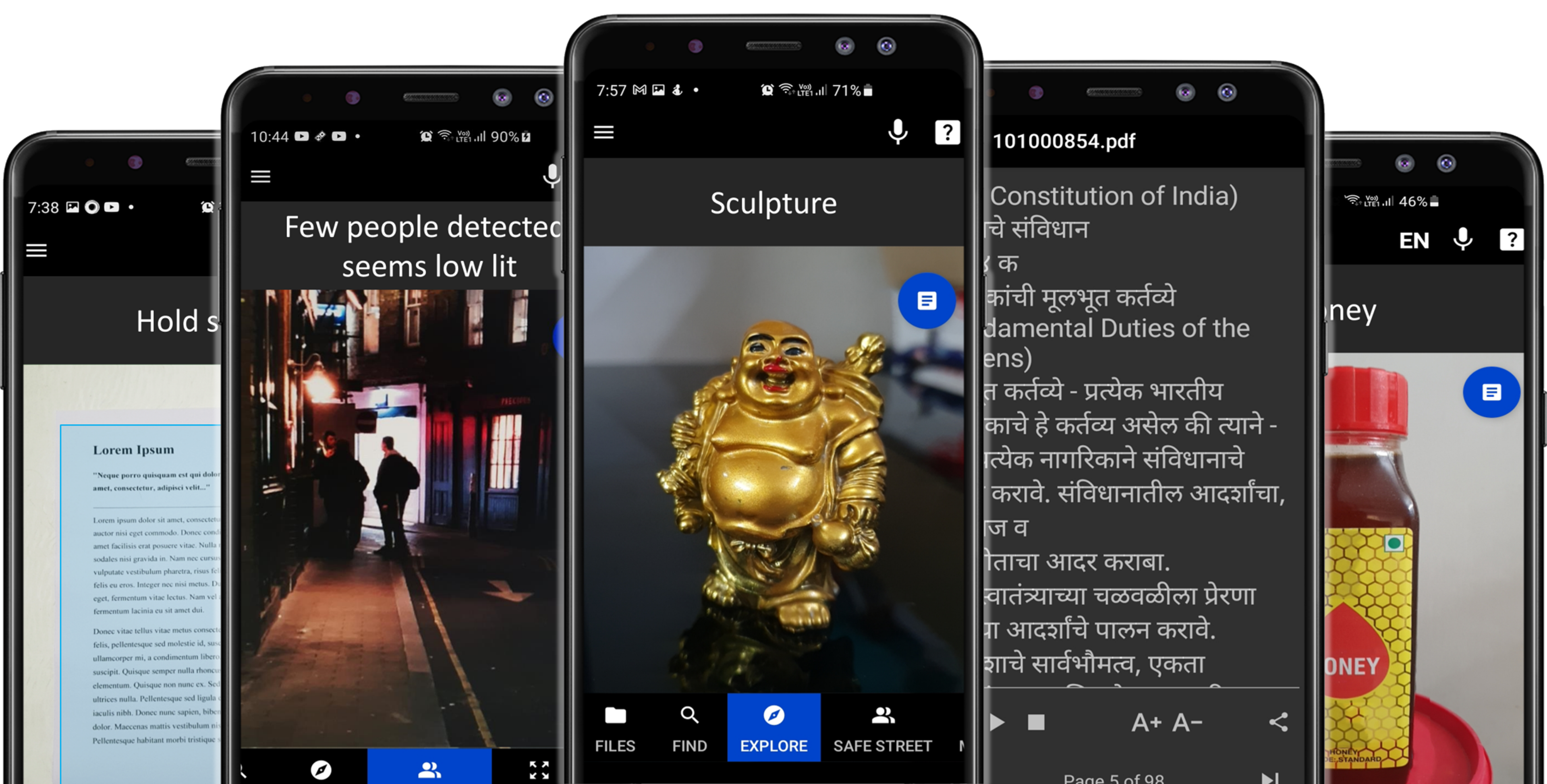 Six Audivision app screens shown on phones: reading a document aloud, a street-safety alert reading “Few people detected, seems low lit”, the Explore view identifying a sculpture, a PDF of the Constitution of India being read in Marathi, and a product label being scanned.
