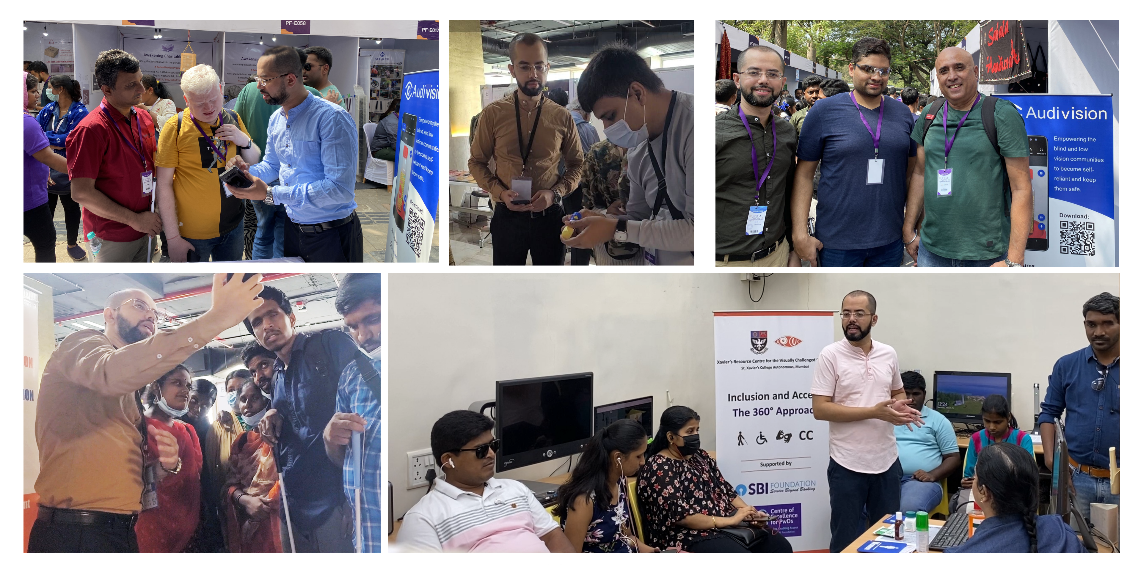 Photo collage of Audivision community events: team members demonstrating the app to blind and visually impaired users at exhibition stalls and at a computer training centre.